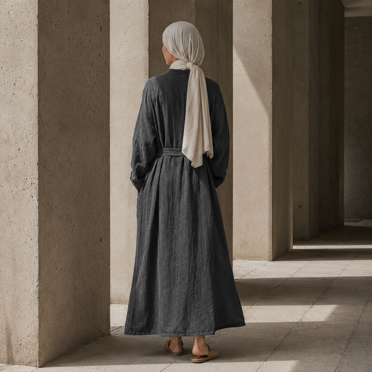 Quantock belted robe — Abayas & Robes by RUQYAH. worn by a model.