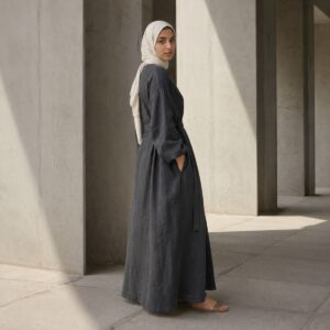 Quantock belted robe — Abayas & Robes by RUQYAH. worn by a model.