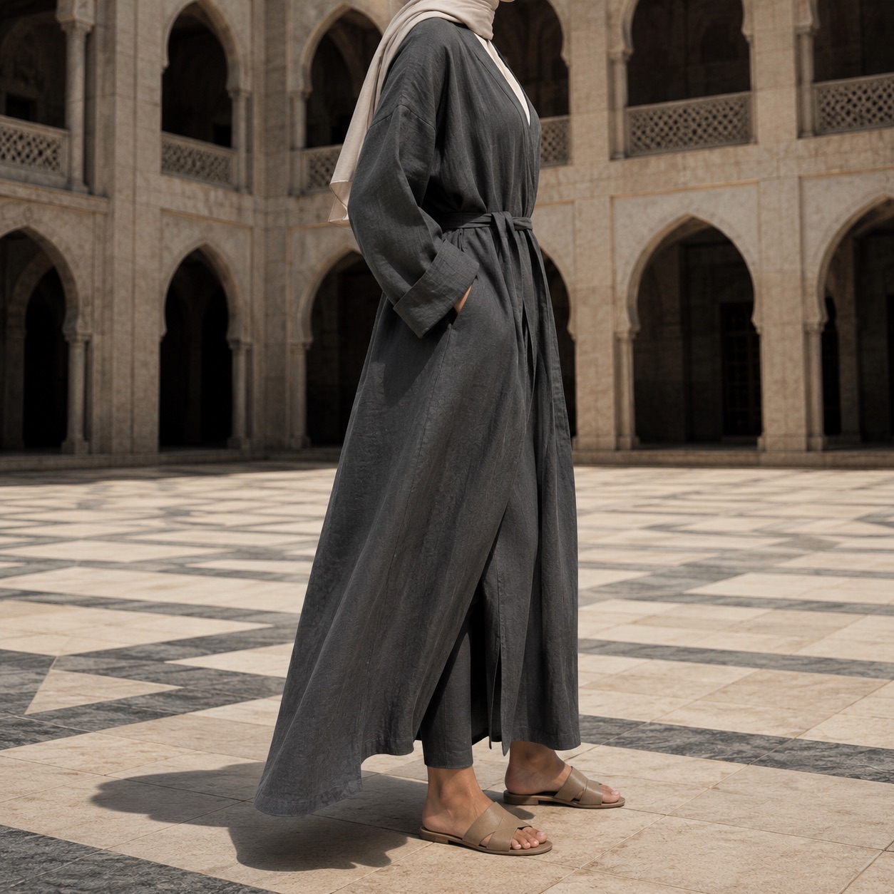 Quantock belted robe — Abayas & Robes by RUQYAH. worn by a model, side view.