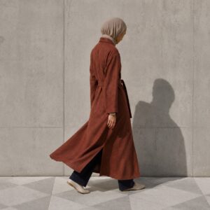 Lindisfarne belted robe — Abayas & Robes by RUQYAH. worn by a model.