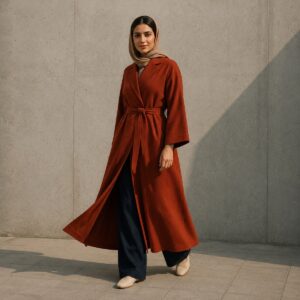 Lindisfarne belted robe — Abayas & Robes by RUQYAH. worn by a model.