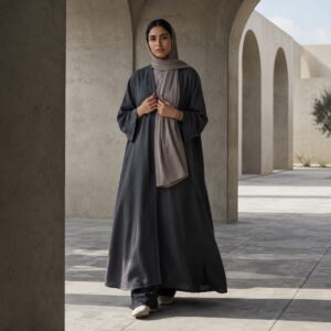 Nettlebed closed abaya — Abayas & Robes by RUQYAH. worn by a model.
