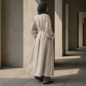 Marlow belted robe — Abayas & Robes by RUQYAH. worn by a model.