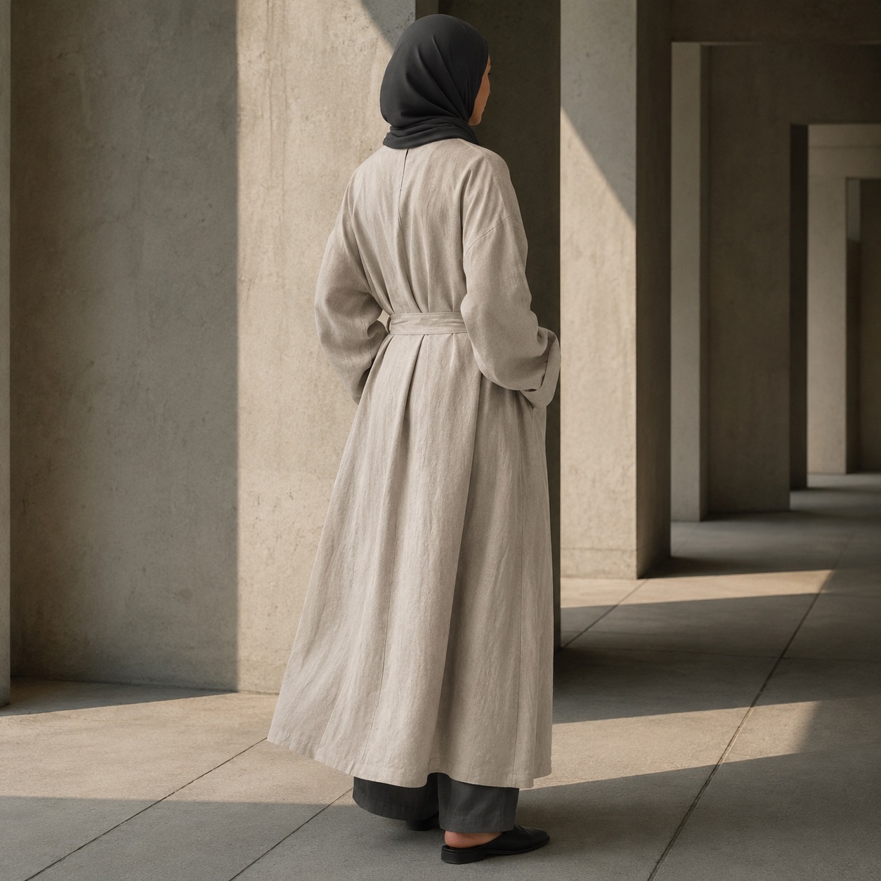 Marlow belted robe — Abayas & Robes by RUQYAH. worn by a model.
