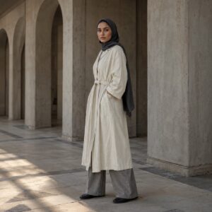 Marlow belted robe — Abayas & Robes by RUQYAH. worn by a model.