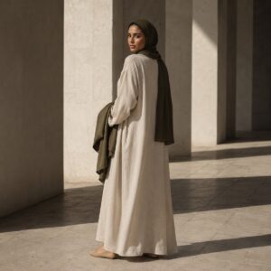 Selborne open-front abaya — Abayas & Robes by RUQYAH. worn by a model.