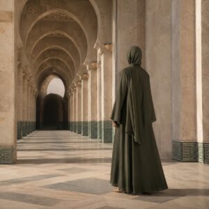 Purbeck open-front abaya — Abayas & Robes by RUQYAH. worn by a model.