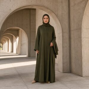 Purbeck open-front abaya — Abayas & Robes by RUQYAH. worn by a model.
