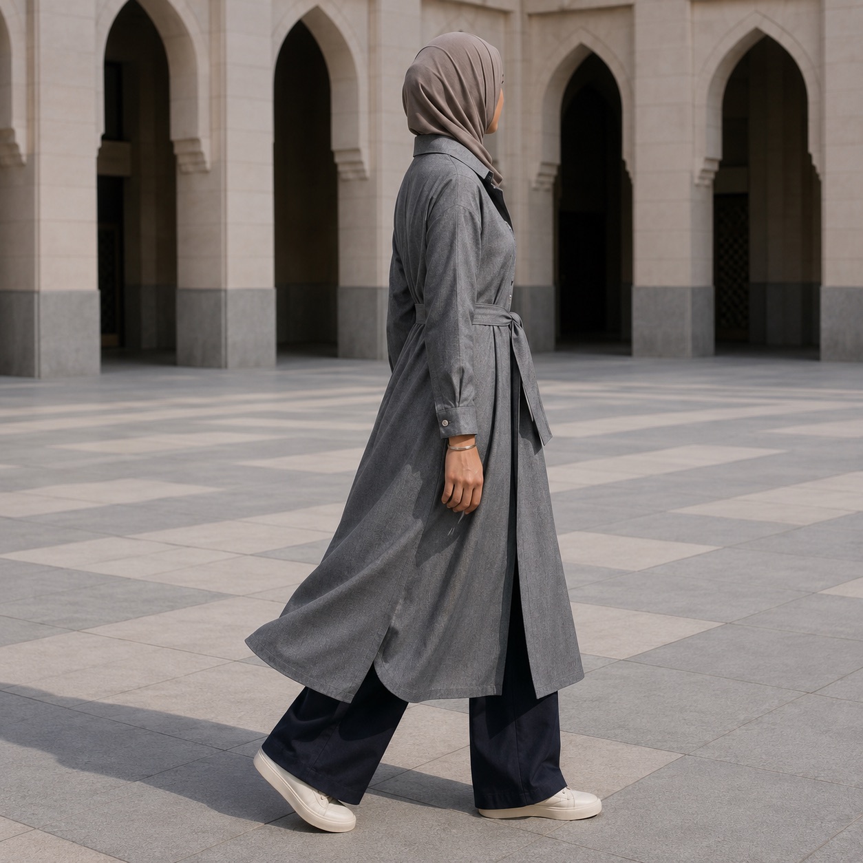 Holloway closed abaya — Abayas & Robes by RUQYAH. worn by a model, side view.