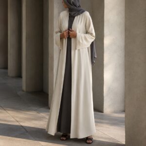 Dunwich open-front abaya — Abayas & Robes by RUQYAH. worn by a model.