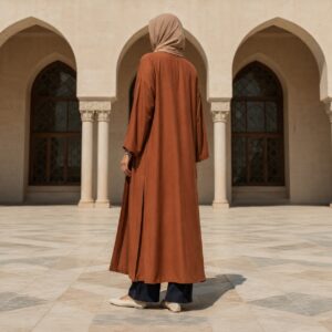 Rowanhill open-front abaya — Abayas & Robes by RUQYAH. worn by a model.
