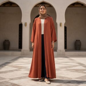Rowanhill open-front abaya — Abayas & Robes by RUQYAH. worn by a model.