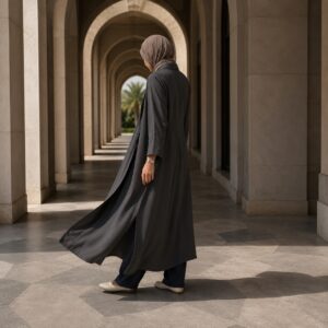 Thornbury open-front abaya — Abayas & Robes by RUQYAH. worn by a model.