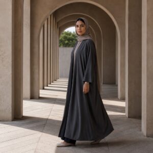 Thornbury open-front abaya — Abayas & Robes by RUQYAH. worn by a model.