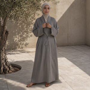 Quantock belted robe — Abayas & Robes by RUQYAH. worn by a model.