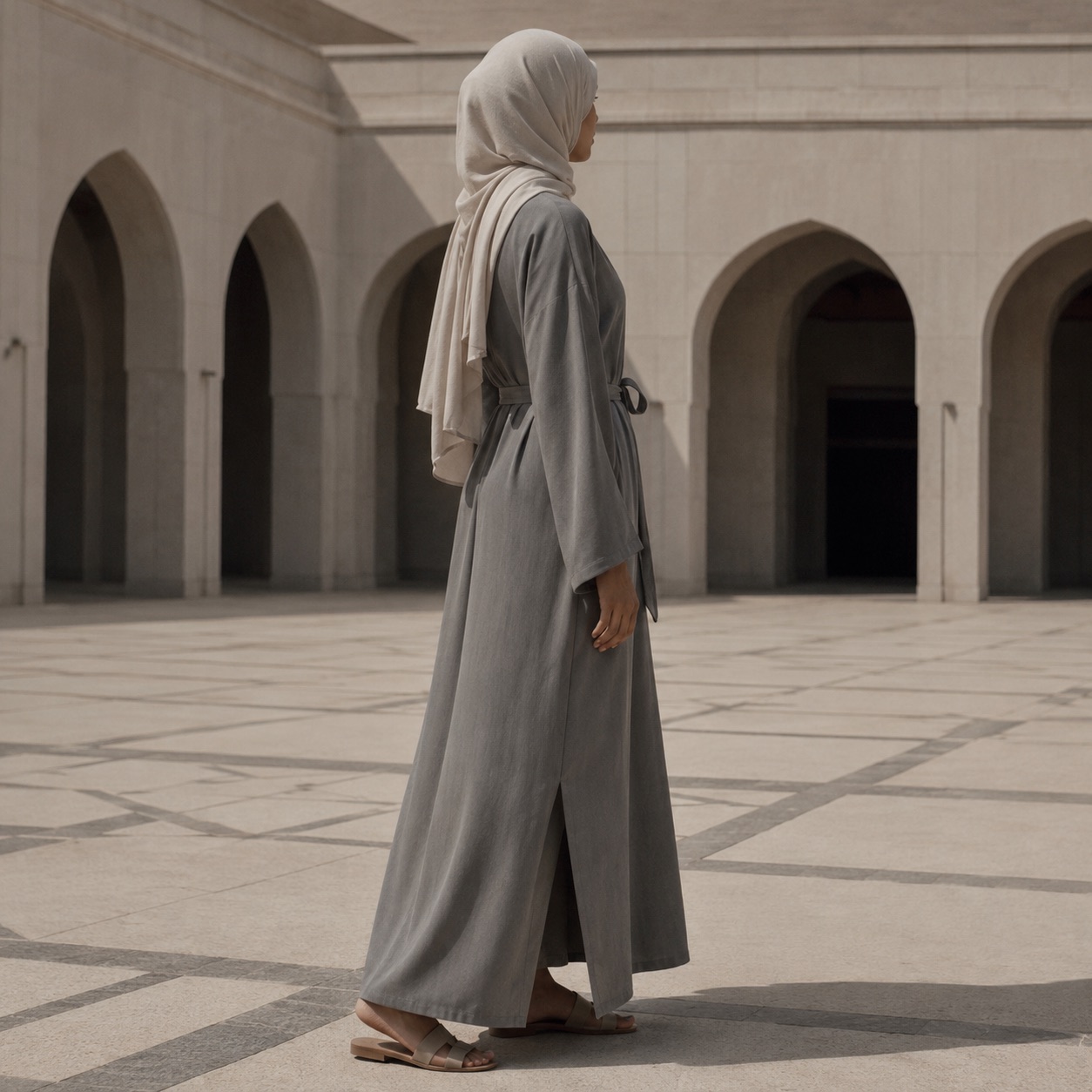 Quantock belted robe — Abayas & Robes by RUQYAH. worn by a model, side view.