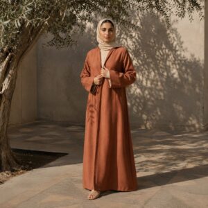 Ashridge closed abaya Abayas & Robes. modelled, front view.