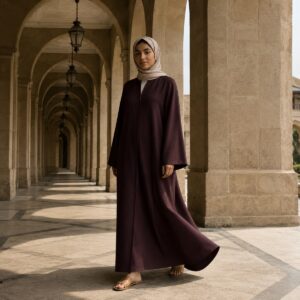 Nettlebed closed abaya — Abayas & Robes by RUQYAH. worn by a model.