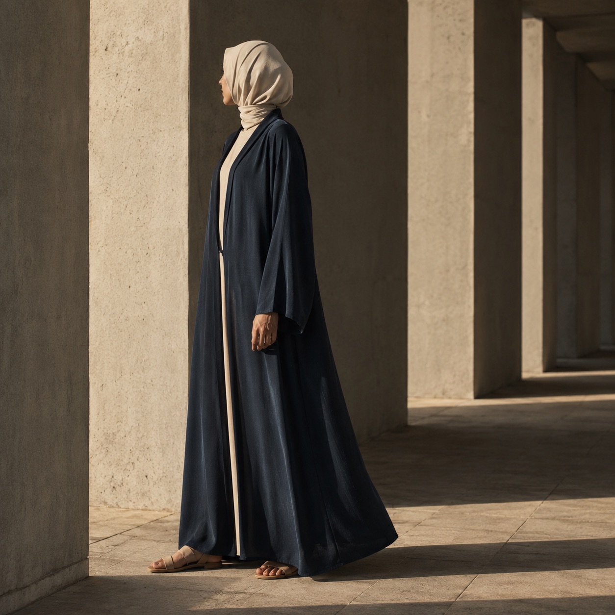 Marlow open-front abaya — Abayas & Robes by RUQYAH. worn by a model, side view.