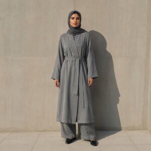Selborne belted robe — Abayas & Robes by RUQYAH. worn by a model.