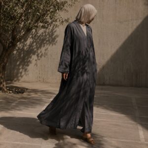 Purbeck open-front abaya — Abayas & Robes by RUQYAH. worn by a model.