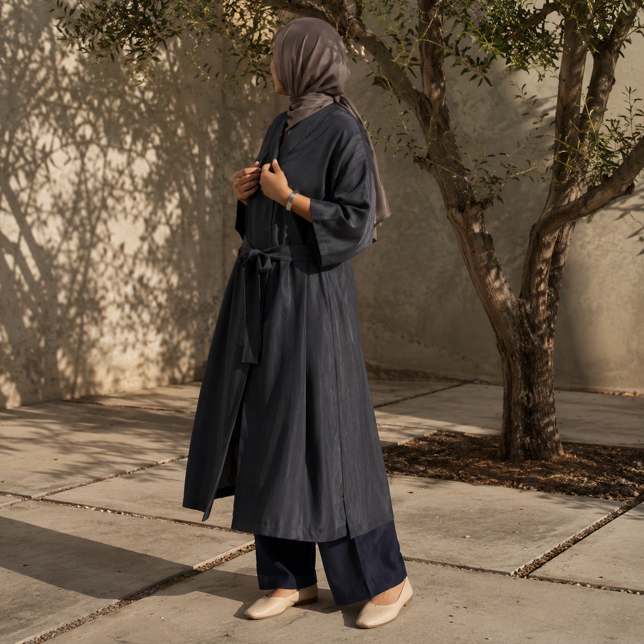 Ilkley belted robe — Abayas & Robes by RUQYAH. worn by a model.