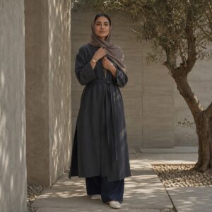 Ilkley belted robe — Abayas & Robes by RUQYAH. worn by a model.