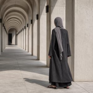 Brackenmoor open-front abaya — Abayas & Robes by RUQYAH. worn by a model.