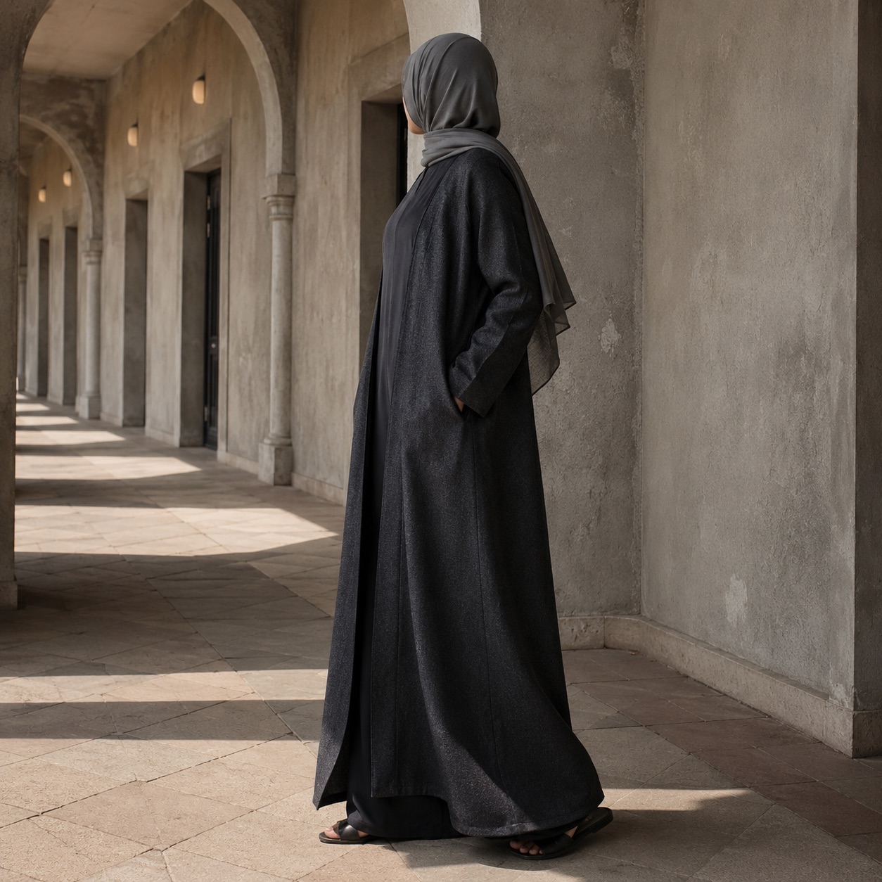 Brackenmoor open-front abaya — Abayas & Robes by RUQYAH. worn by a model, side view.