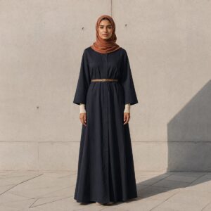 Barrowden closed abaya Abayas & Robes. modelled, front view.