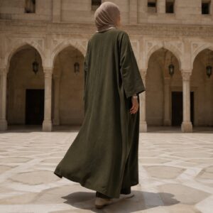 Cotswold open-front abaya — Abayas & Robes by RUQYAH. worn by a model.