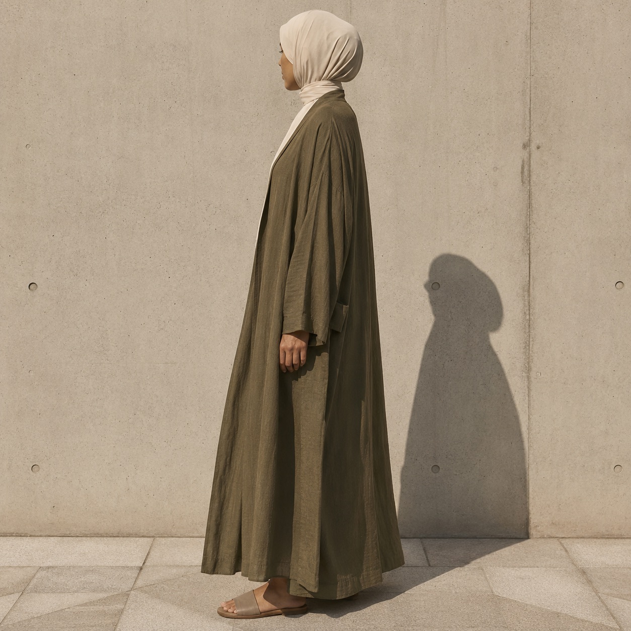 Cotswold open-front abaya — Abayas & Robes by RUQYAH. worn by a model, side view.