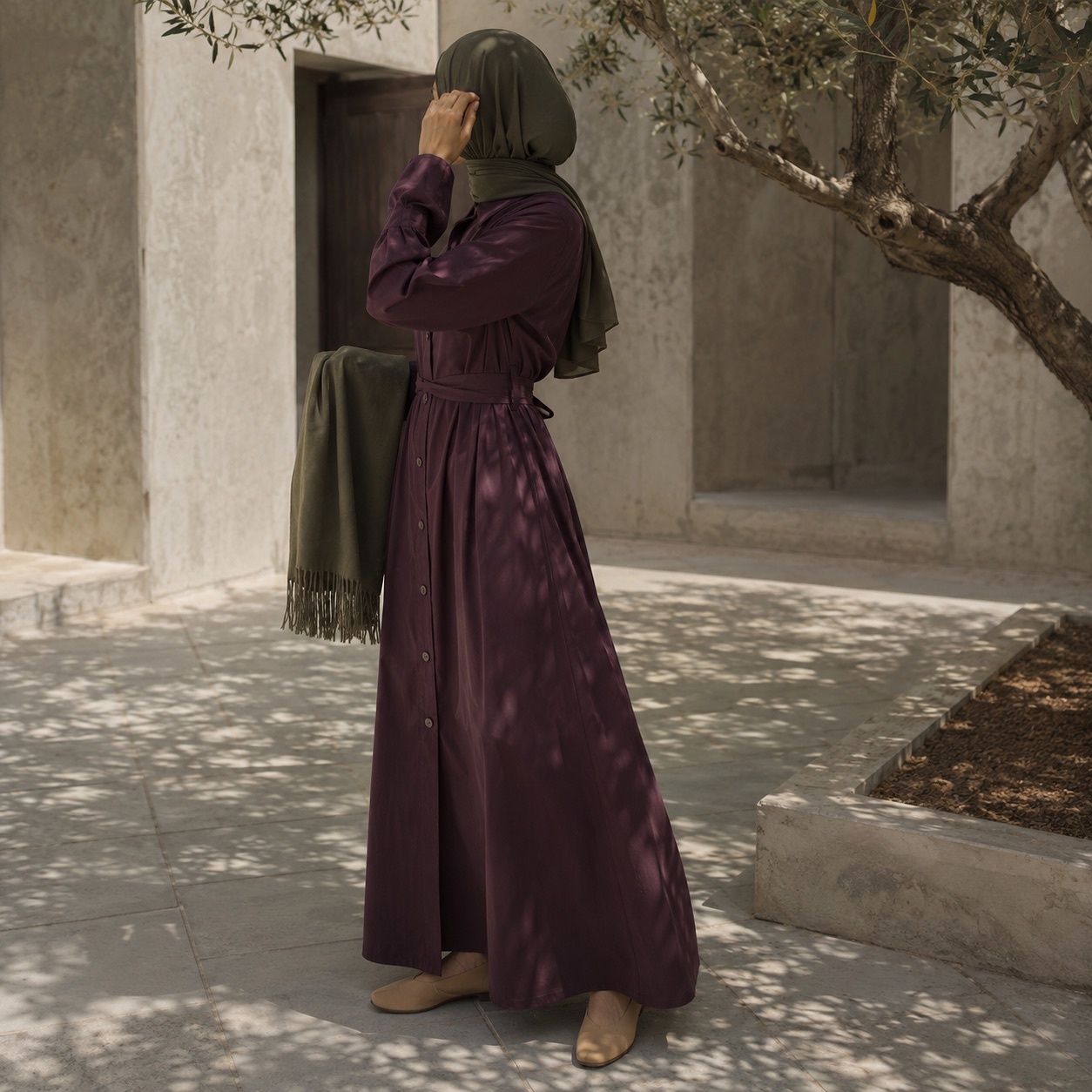 Nettlebed shirt dress — Long Dresses by RUQYAH. worn by a model, side view.