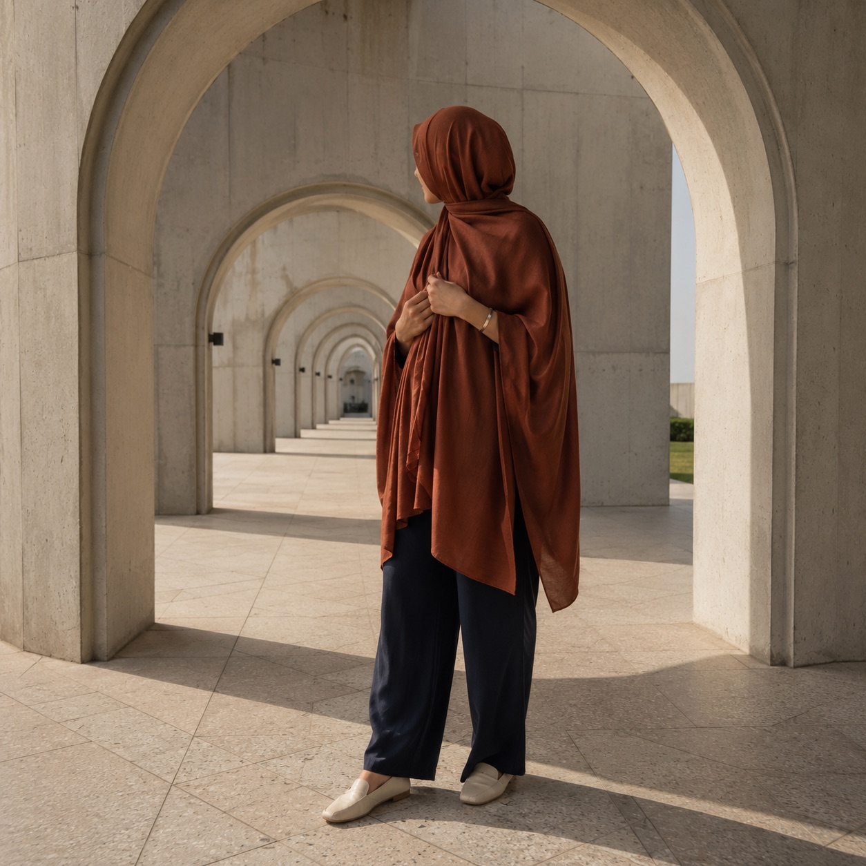 Lindisfarne jersey wrap headscarf — Shawls & Headscarves by RUQYAH. worn by a model.