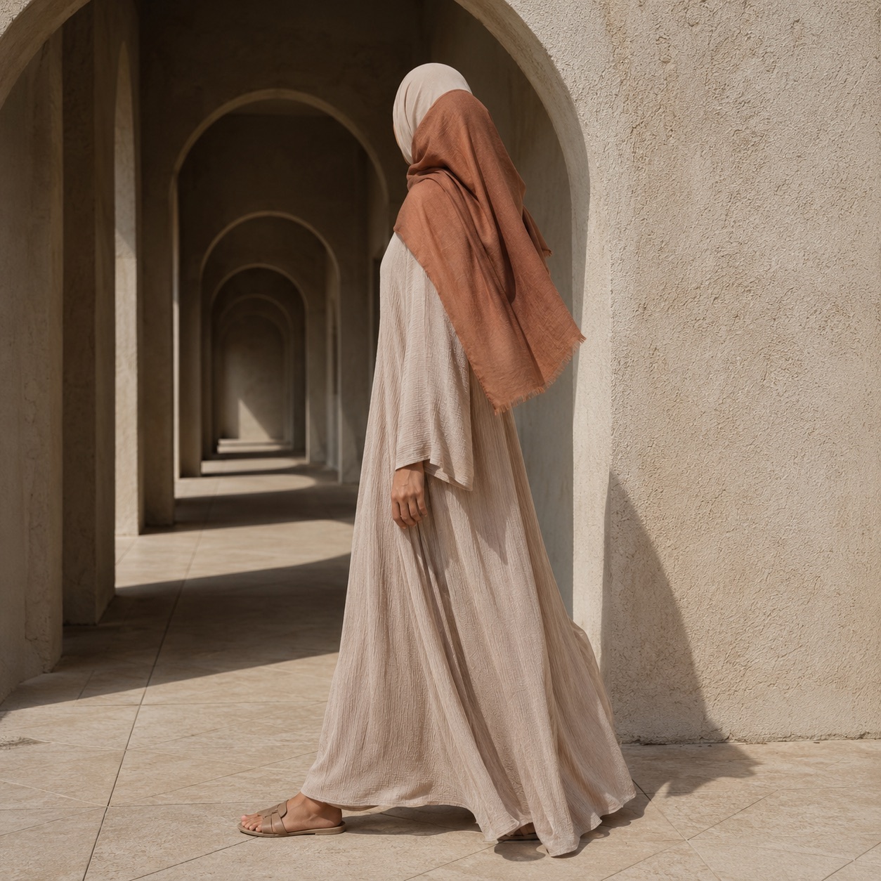 Brackenmoor square headscarf — Shawls & Headscarves by RUQYAH. worn by a model, side view.