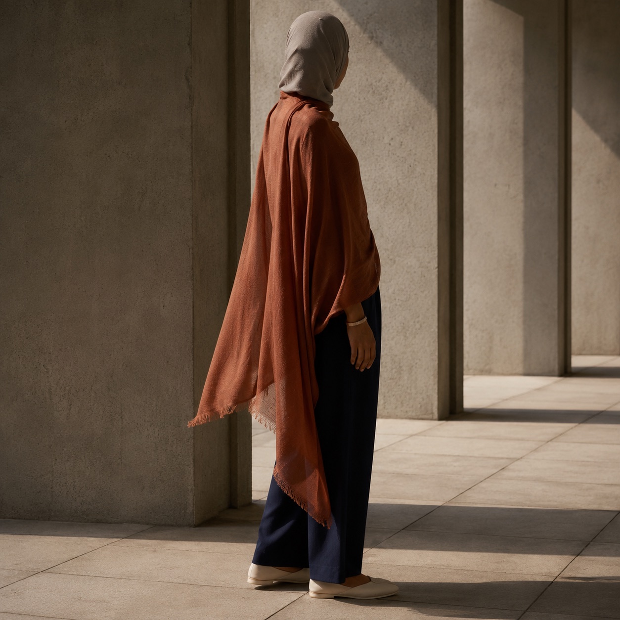 Nettlebed rectangular shawl — Shawls & Headscarves by RUQYAH. worn by a model, side view.