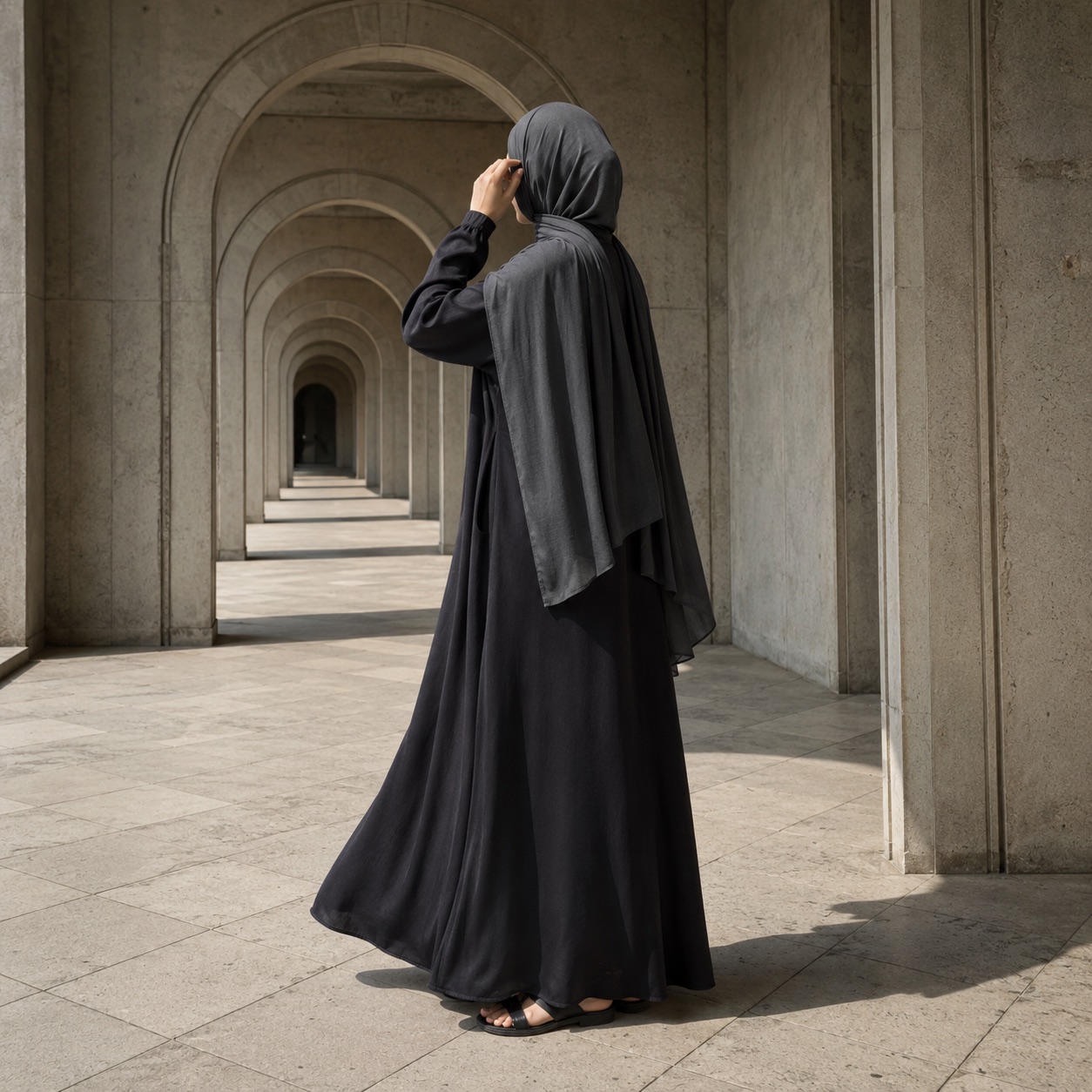 Fenwick square headscarf — Shawls & Headscarves by RUQYAH. worn by a model, side view.