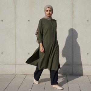 Ashridge longline tunic Tunics & Overtops. modelled, front view.
