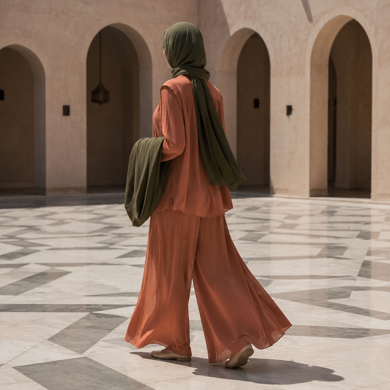 Kestrel palazzo co-ord — Trouser Sets by RUQYAH. worn by a model, side view.