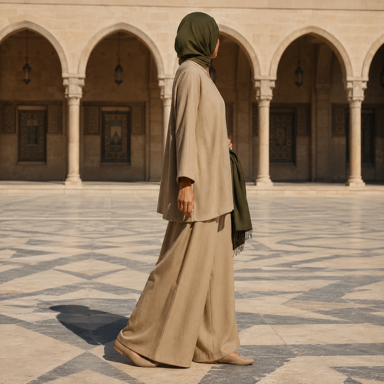 Purbeck palazzo co-ord — Trouser Sets by RUQYAH. worn by a model, side view.