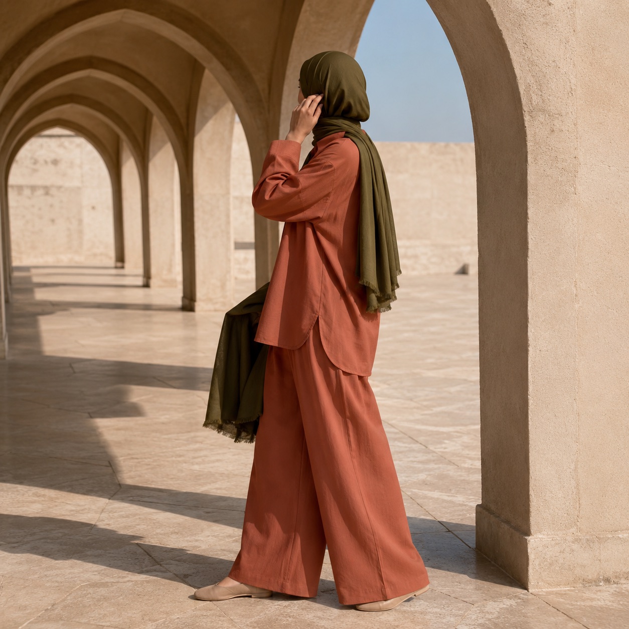 Quantock palazzo co-ord — Trouser Sets by RUQYAH. worn by a model, side view.