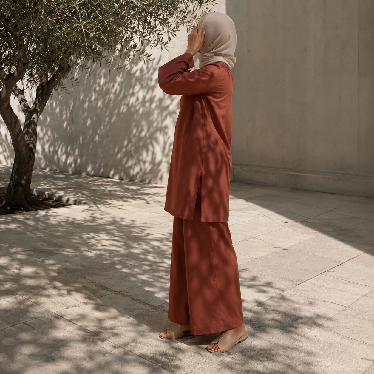 Elmsett palazzo co-ord — Trouser Sets by RUQYAH. worn by a model, side view.